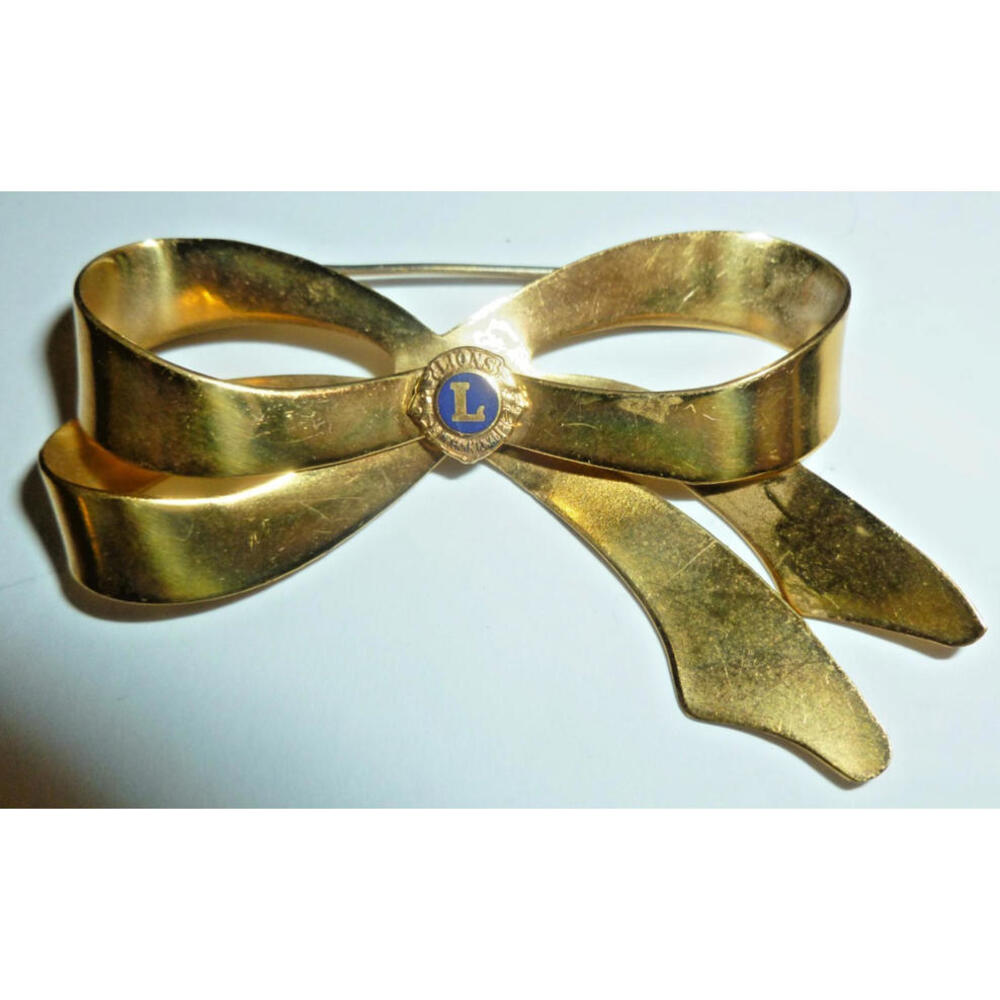 Vintage Lions Club Metal Bow Brooch Gold Tone Pin